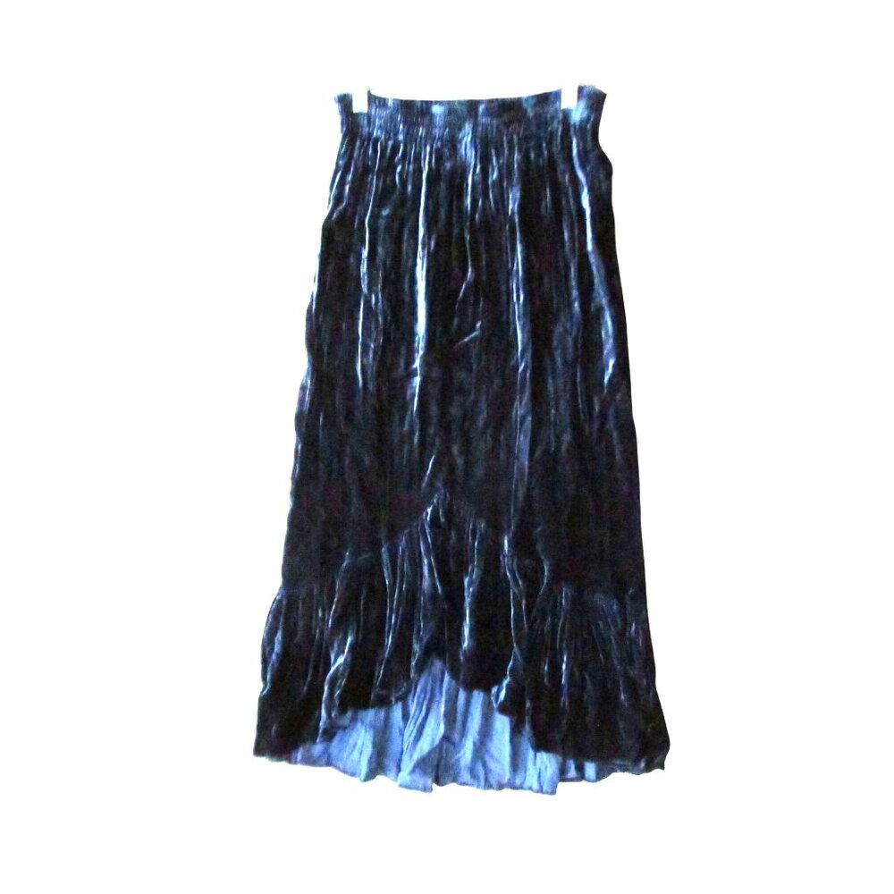 Blue Velvet Maxi Skirt ize S Elastic Waist High Low Ruffle